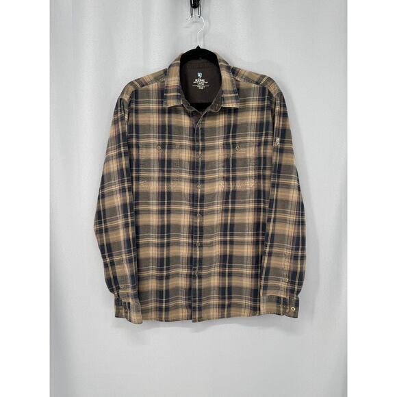 Kuhl Flannel Shirt Mens Large Brown Black Plaid Button Down Long Sleeve Outdoor - Picture 1 of 12